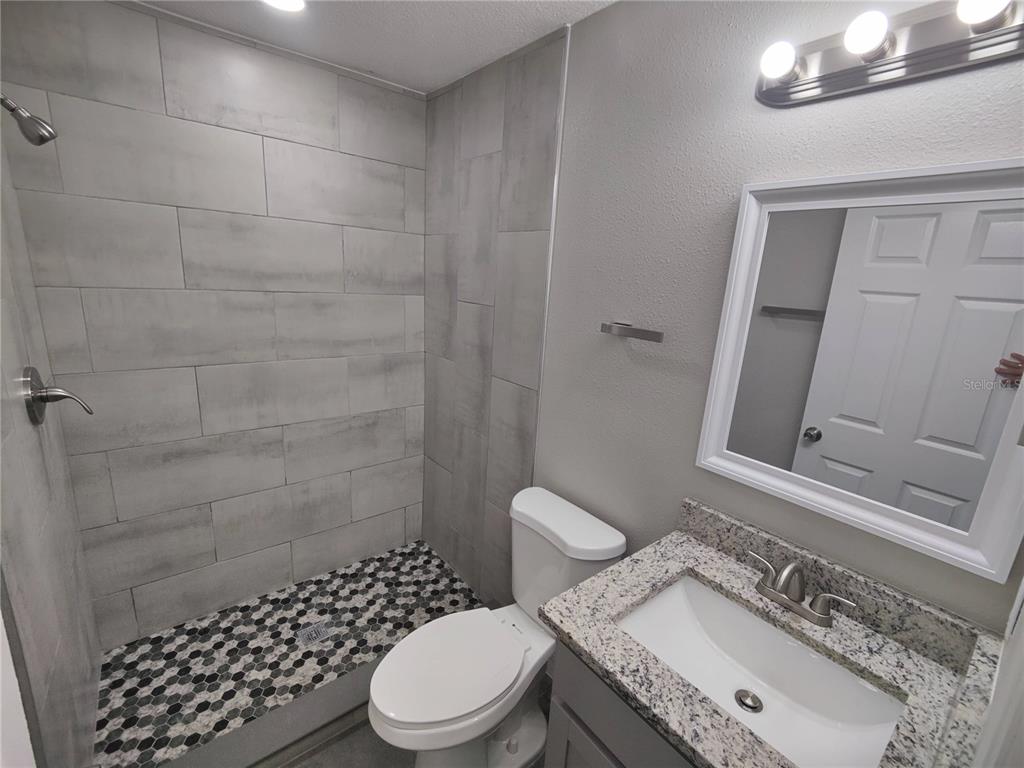 6804 Beth Road, Unit A Orlando, FL 32824 - Photo 11 of 14 a bathroom with a granite countertop toilet a sink and a mirror