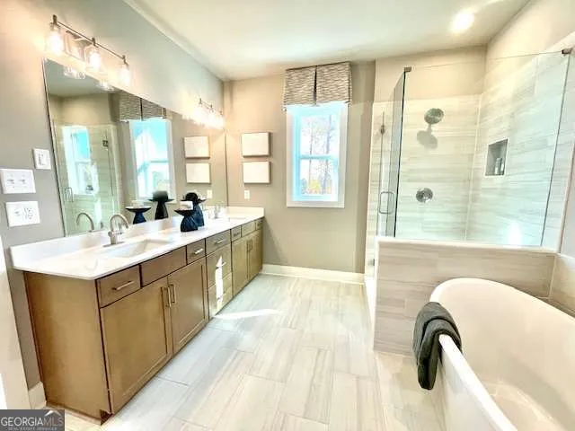 a bathroom with a double vanity sink a bathtub and shower