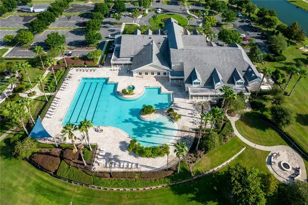 an aerial view of a swimming pool