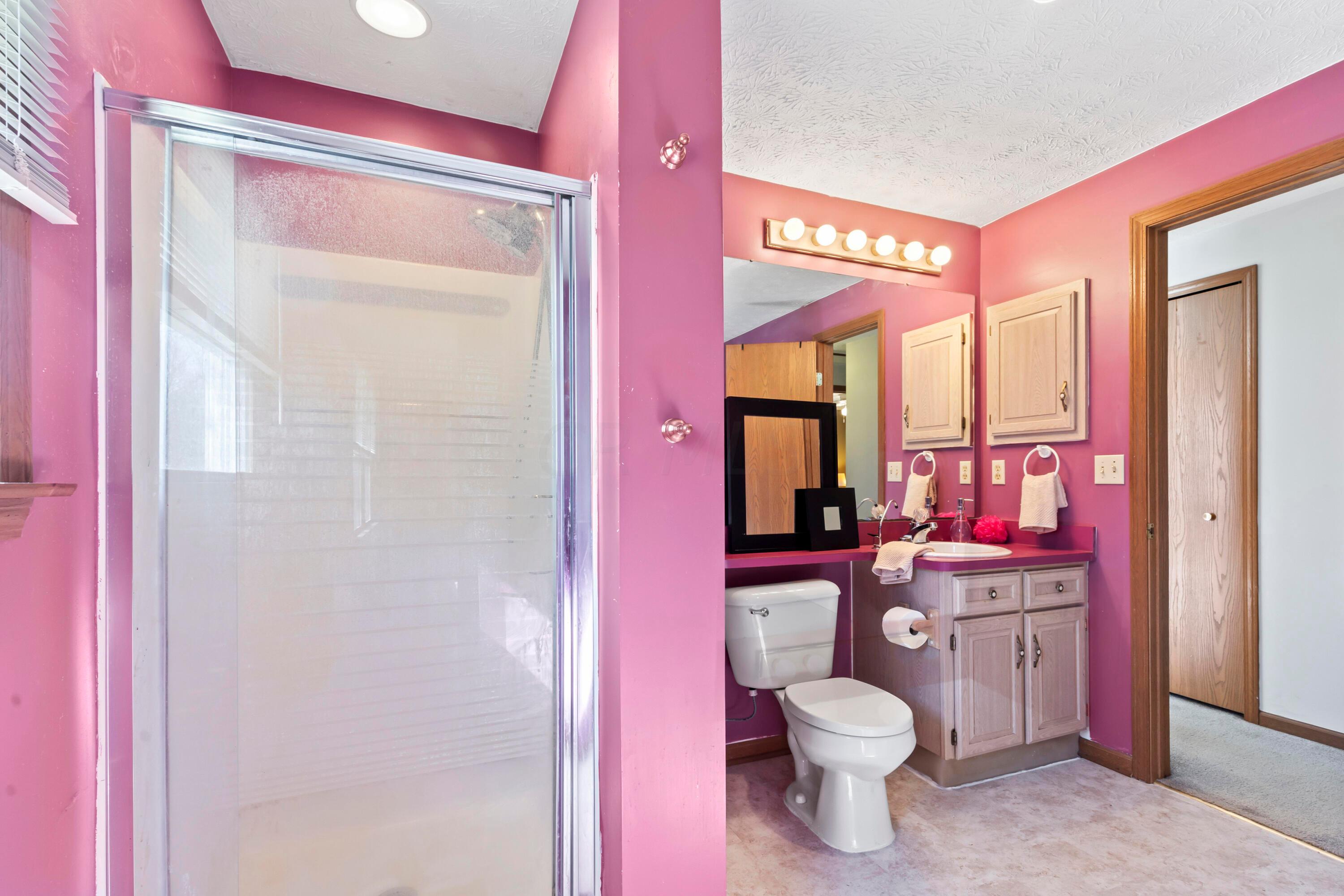 14040 Downing Road Croton, OH 43013 - Photo 10 of 66 • New neutral vinyl flooring
~ 2023
• Mauve painted walls
• Enclosed vanity with single
bowl sinktop
• Studio lighting strip
• Garden tub
• Ceiling exhaust
• Shower stall with glass
doors
• Medicine cabinet
• Mini blinds
• Door to Primary Suite