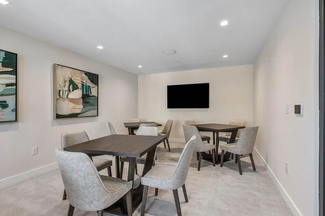 a view of a dining room with furniture