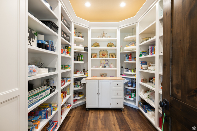 6117 North Rocky Ridge Road Peoa, UT 84061 - Photo 47 of 82 Walk-in pantry featuring extensive built-in shelving, wood-finish flooring, a central island with wood countertop, and interior lighting