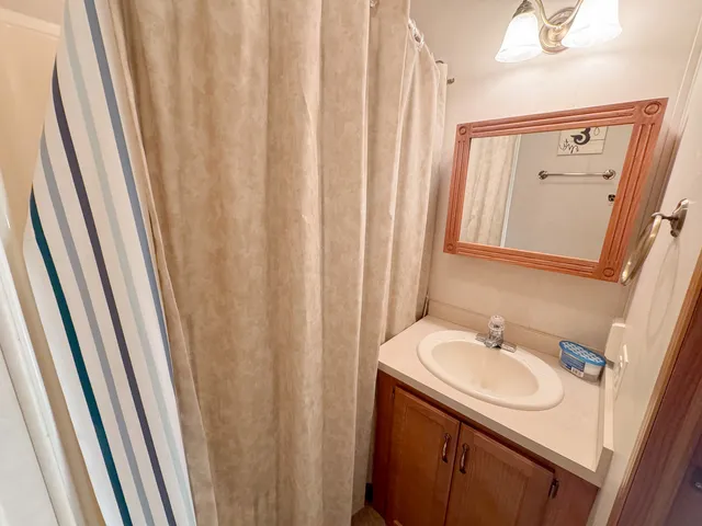 a bathroom with a sink a mirror and a shower curtain