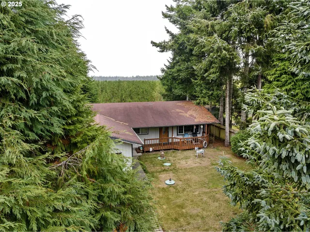 a view of a house with a big yard plants and large tree