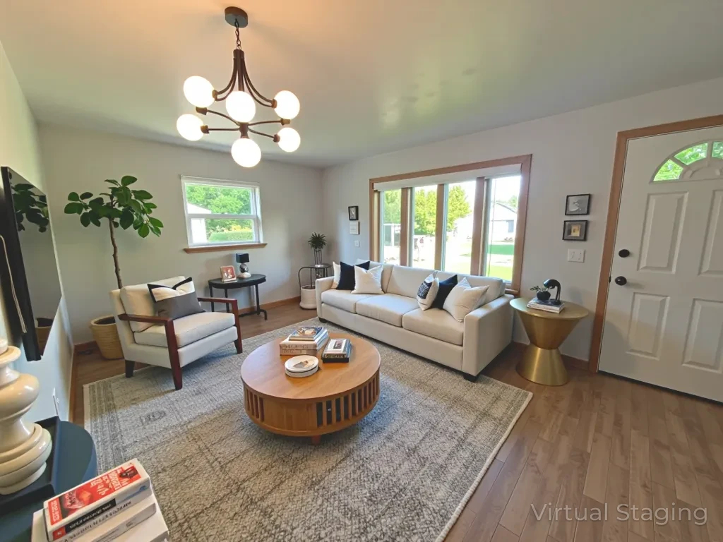 211 Koch Drive Genoa, IL 60135 - Photo 6 of 29 a living room with furniture a chandelier and a flat screen tv