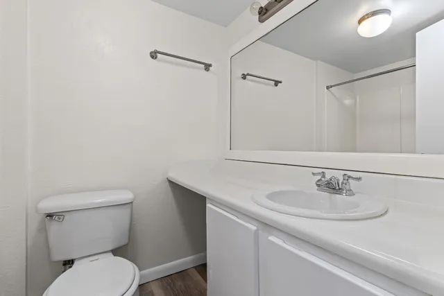 a bathroom with a toilet sink and mirror