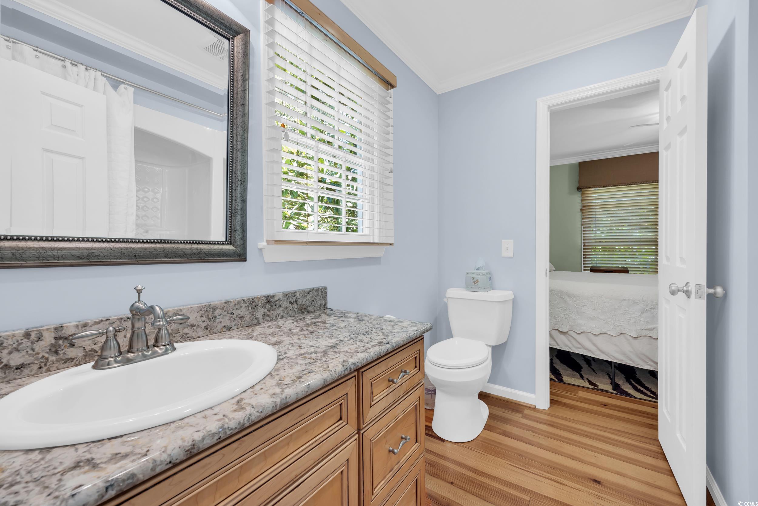 855 Riven Oak Drive Murrells Inlet, SC 29576 - Photo 16 of 37 Bathroom featuring light wood finished floors, vanity, and ornamental molding