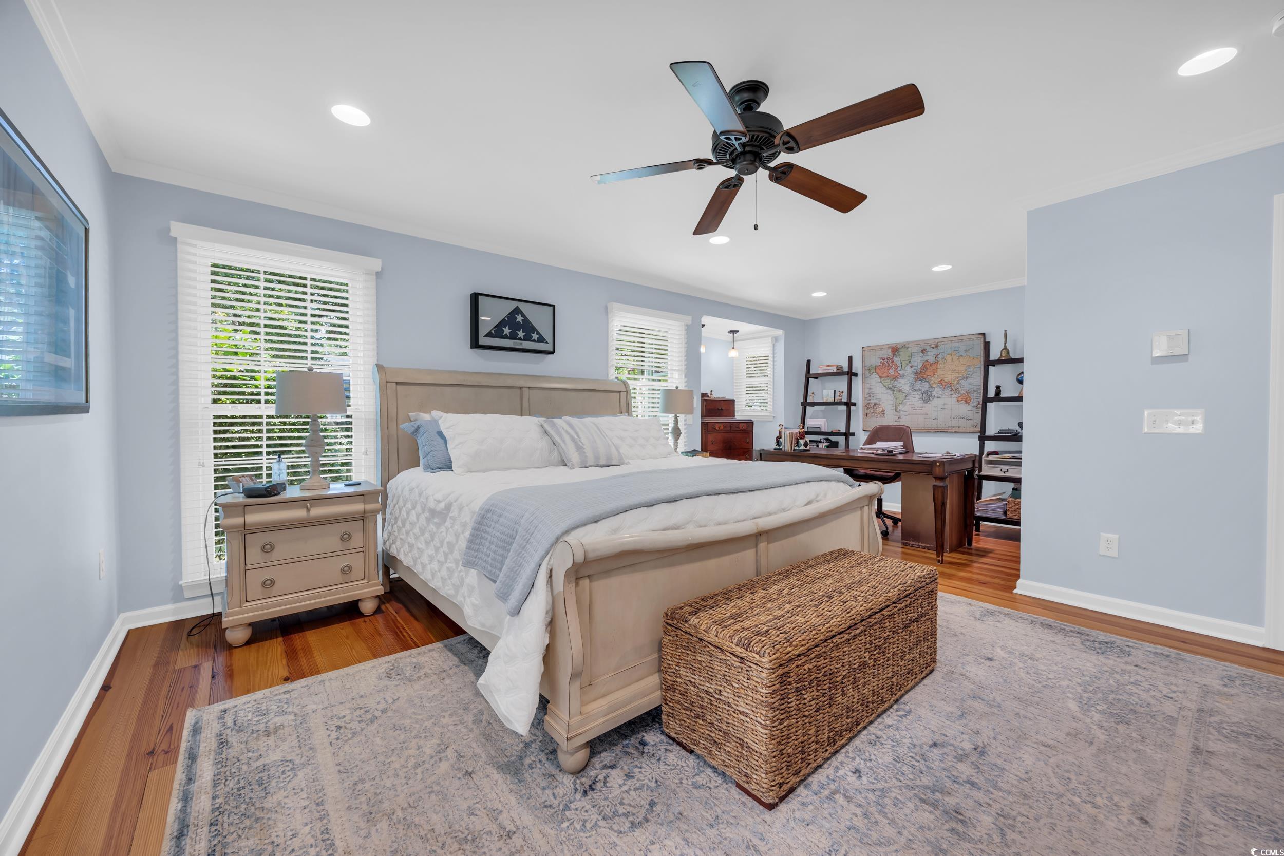 855 Riven Oak Drive Murrells Inlet, SC 29576 - Photo 20 of 37 Bedroom featuring ornamental molding, wood finished floors, recessed lighting, a ceiling fan, and an office area