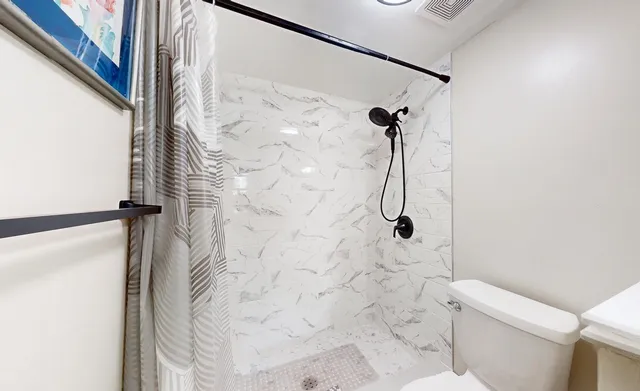 a bathroom with a shower toilet and a shower curtain