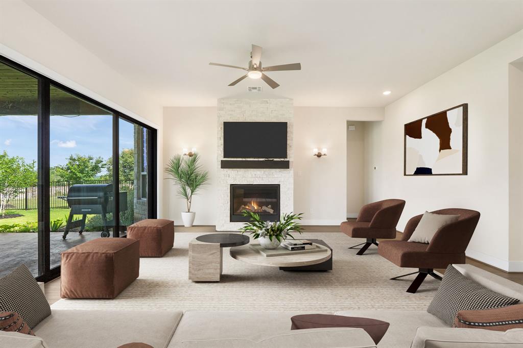 504 Tomichi Trail Austin, TX 78738 - Photo 17 of 36 a living room with furniture fireplace and a large window