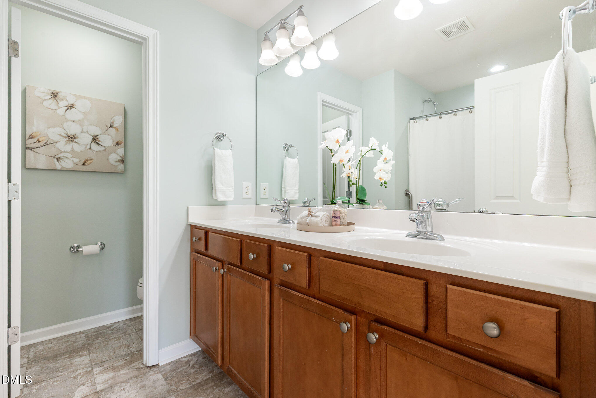 8325 Pilots View Drive Raleigh, NC 27617 - Photo 21 of 28 a bathroom with a double vanity sink and a mirror