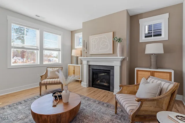 a living room with furniture and a fireplace