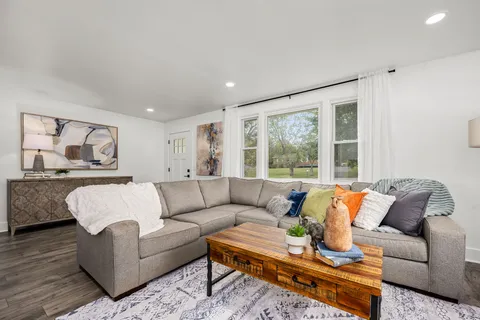 a view of a dining room with furniture