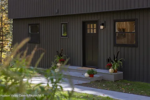 a house view with couches in backyard