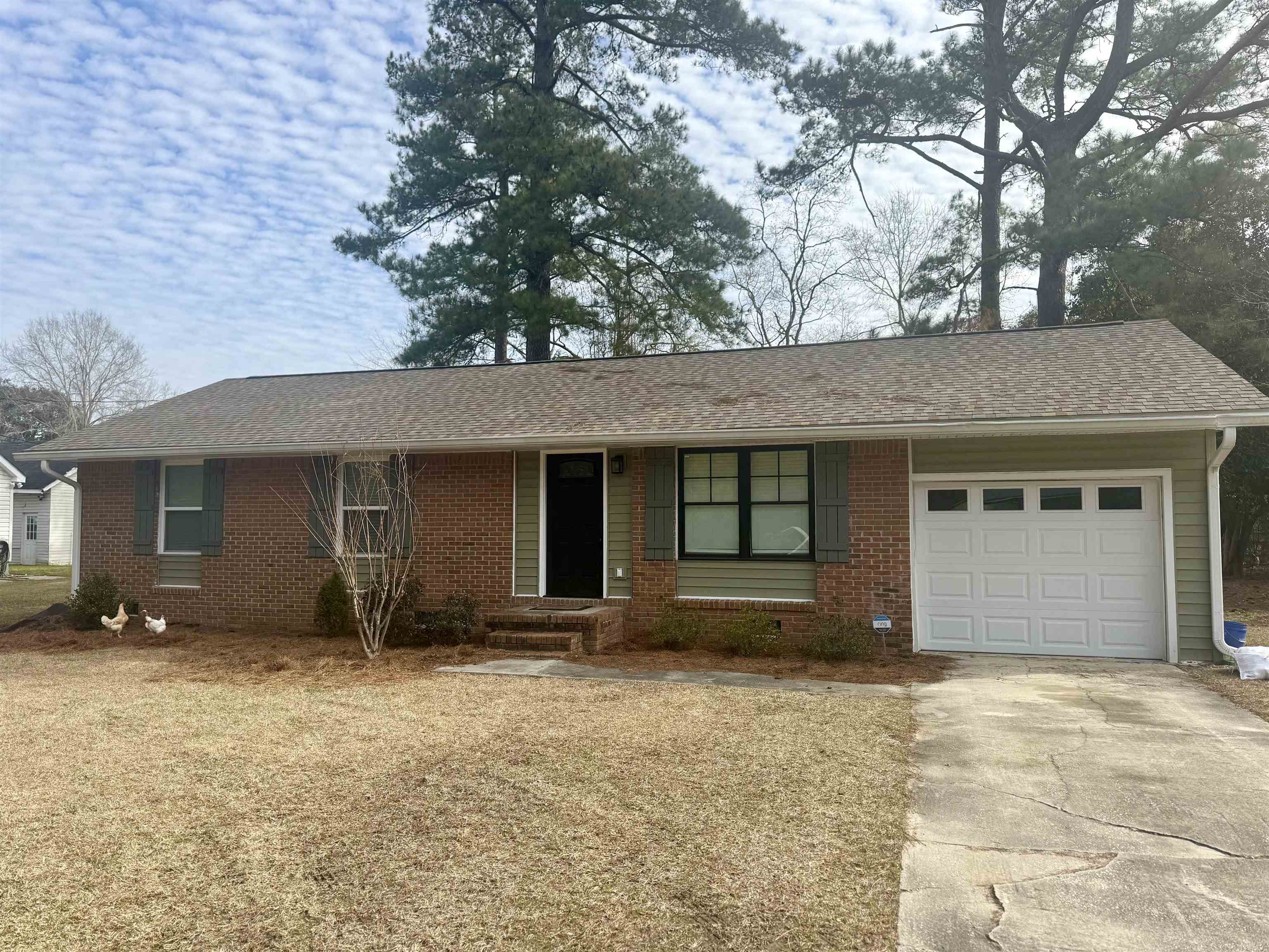 Single story home with driveway, an attached garage, a shingled roof, and brick siding