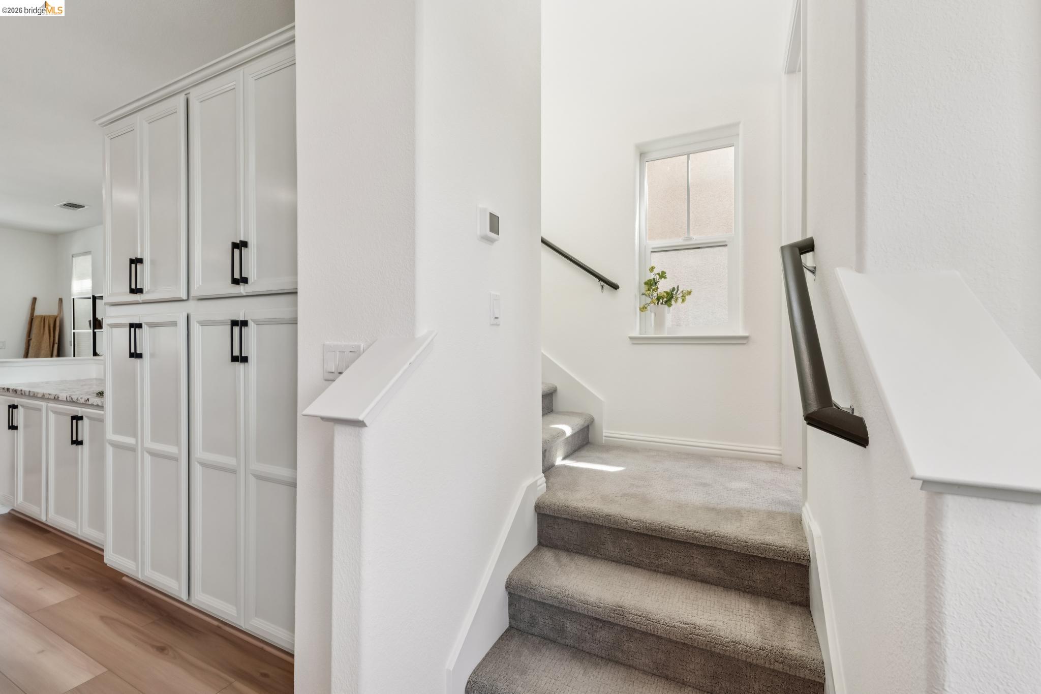 24157 Amaranth Loop Hayward, CA 94541 - Photo 31 of 63 Carpeted staircase featuring a dark-finish handrail and a window with white trim