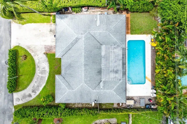 an aerial view of a swimming pool