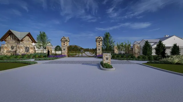 a view of a house with palm trees and a small yard