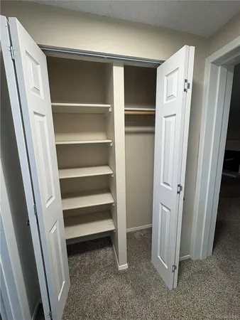 a view of walk in closet with empty racks