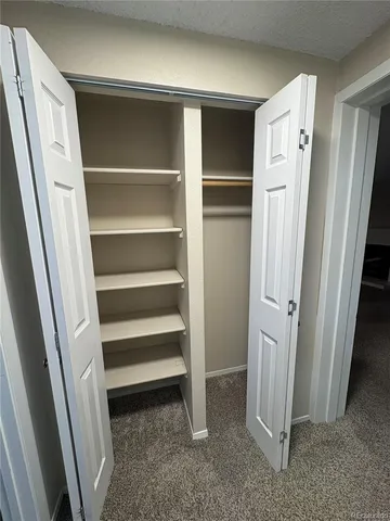 a view of walk in closet with empty racks