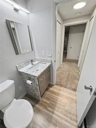 a bathroom with a sink toilet and mirror