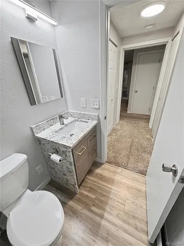 a bathroom with a sink toilet and mirror