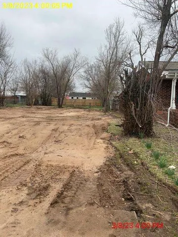 a view of dirt yard with a large tree