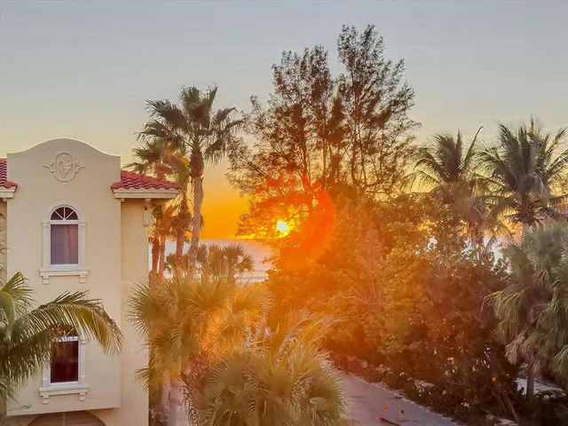 a view of a swimming pool with a lawn chairs under palm trees