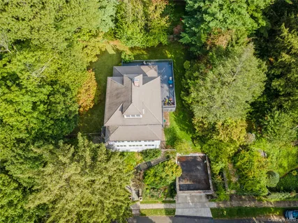 an aerial view of a house with a yard and large trees