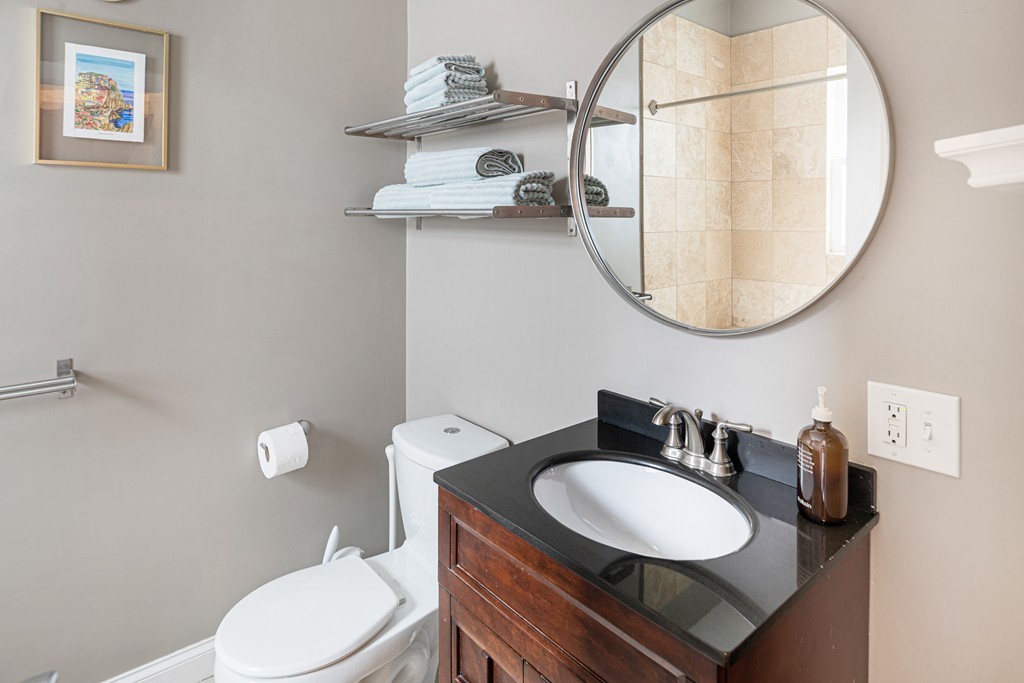 295 D Street, Unit 1 Boston, MA 02127 - Photo 8 of 13 a bathroom with a sink a toilet and a mirror