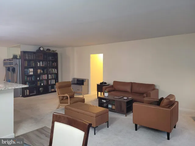 a living room with furniture a bookshelf and a book shelf