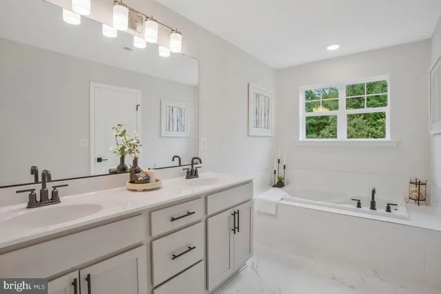 a bathroom with a double vanity sink and a mirror