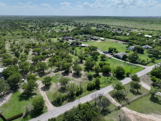 an aerial view of residential houses with outdoor space and trees