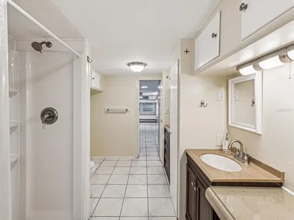a bathroom with a sink toilet and shower