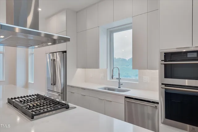 a kitchen with stainless steel appliances a sink stove and refrigerator