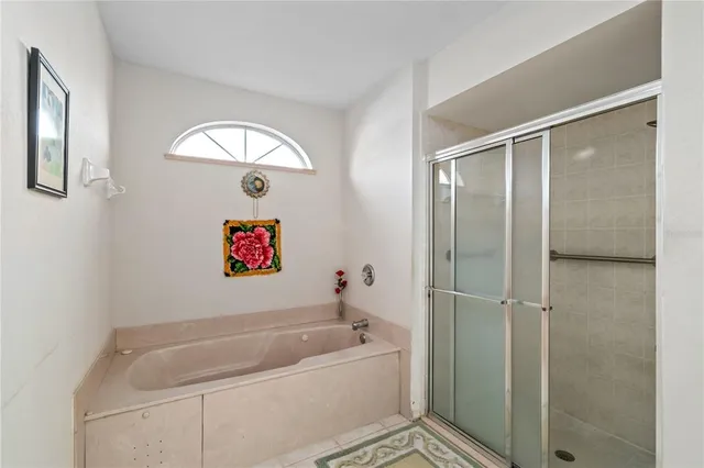 a bathroom with a tub and a shower