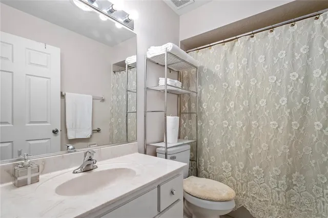 a bathroom with a sink a toilet a mirror and shower curtain