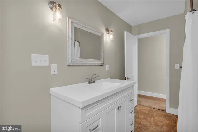a bathroom with a sink and a mirror