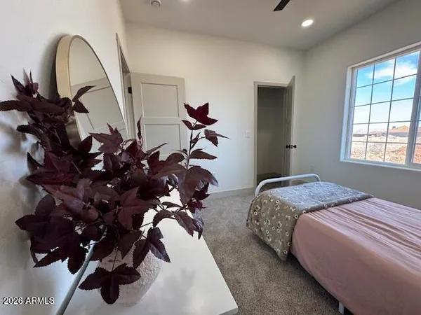a view of a livingroom with a ceiling fan and window