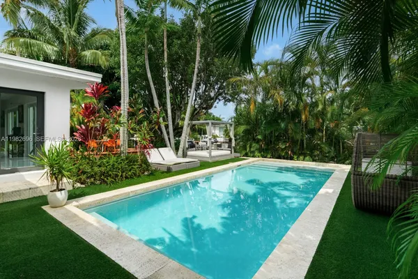 a view of a backyard with swimming pool