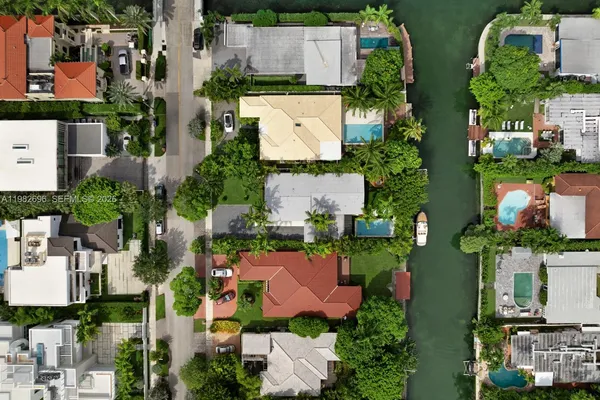 an aerial view of multiple houses with yard