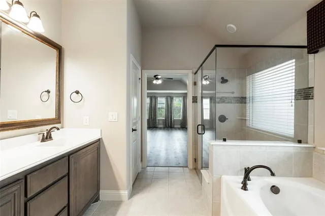a bathroom with a sink a shower and a mirror