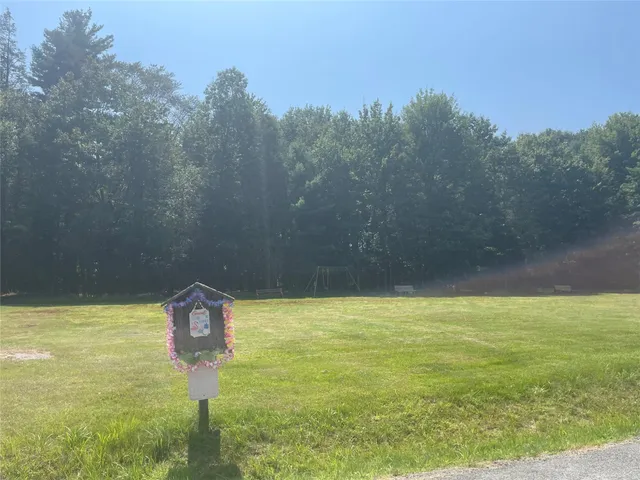 a view of a swimming pool and trees in the background