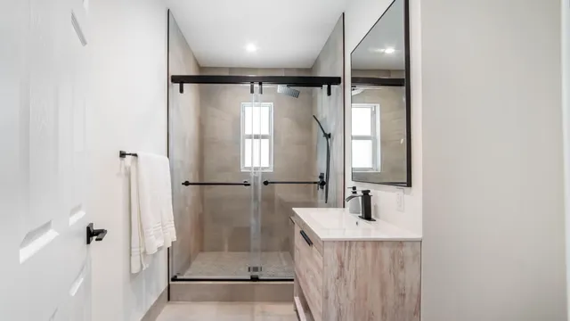 a bathroom with a sink a mirror and a shower