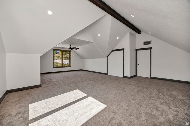 300 Knoll Loop, Unit 227 Fish Haven, ID 83287 - Photo 24 of 56 Bonus room with light colored carpet, beamed ceiling, recessed lighting, and ceiling fan