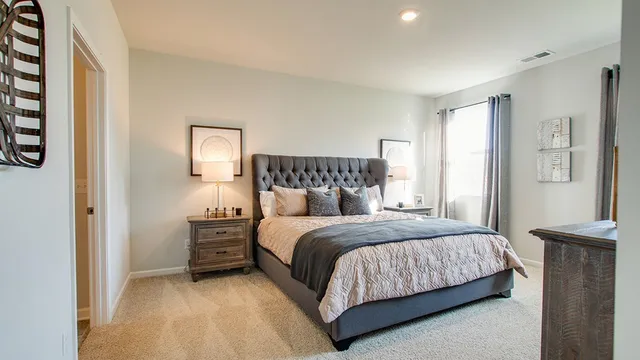 a bedroom with a bed and a cabinets