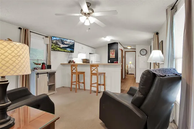 a living room with furniture and a lamp
