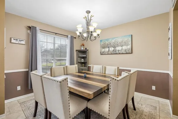 a view of a dining room with furniture window and outside view