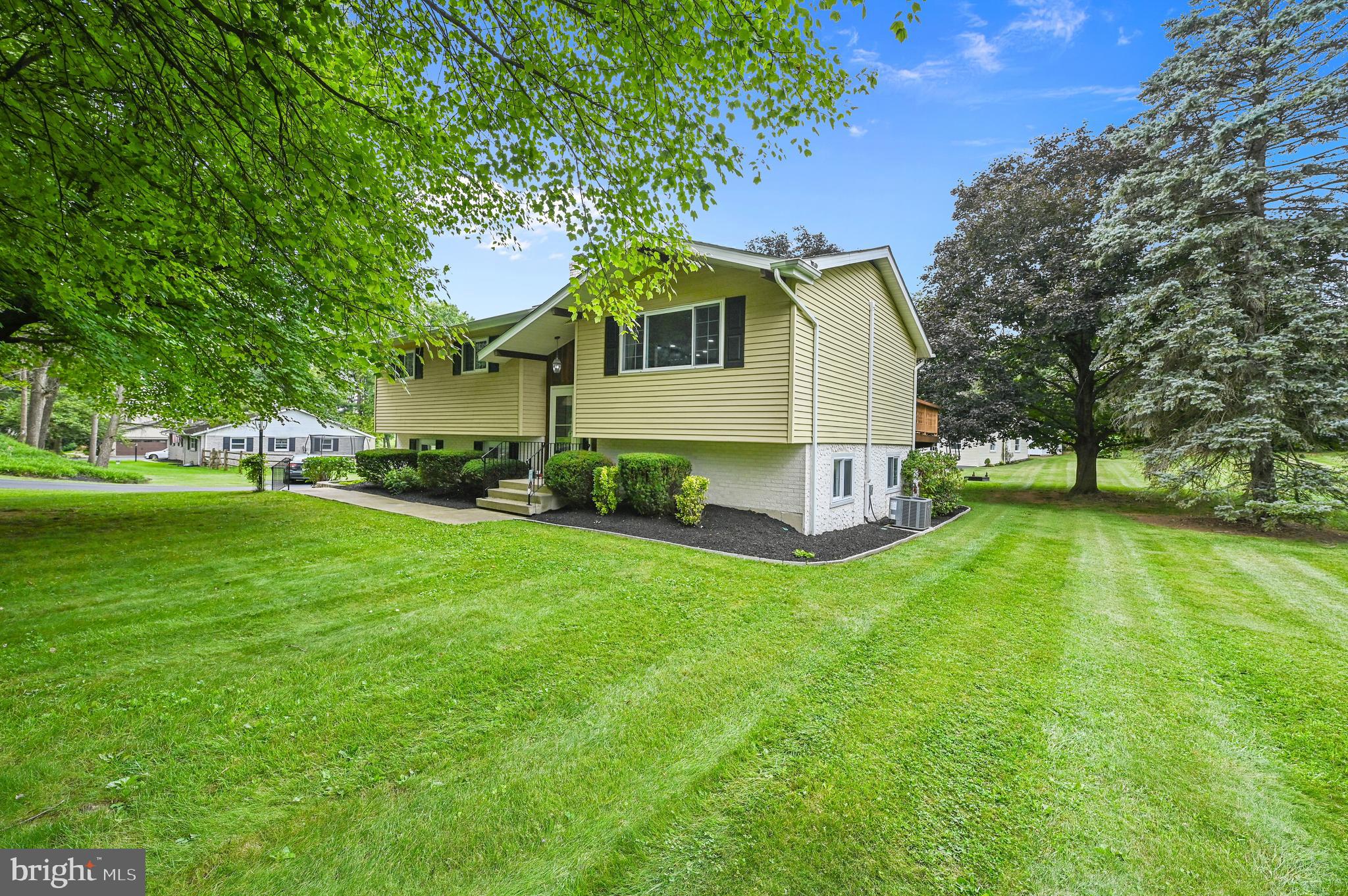 a view of a house with a big yard potted plants and large tree
