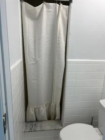 a bathroom with a toilet and a shower